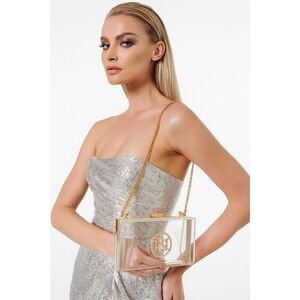 Badgley Mischka Clear Acrylic Clutch with Gold Chain and Rhinestone Monogram